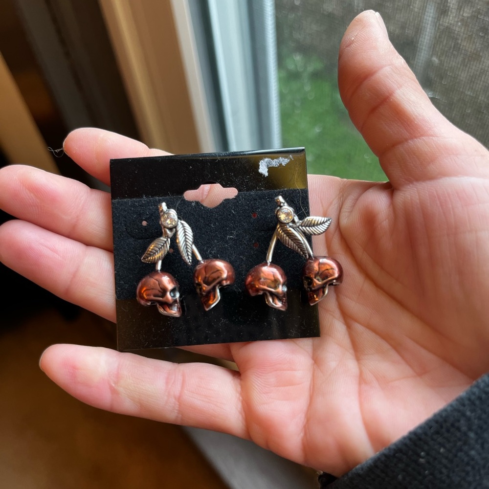 Skull and Leaf Earrings - Copper and Silver